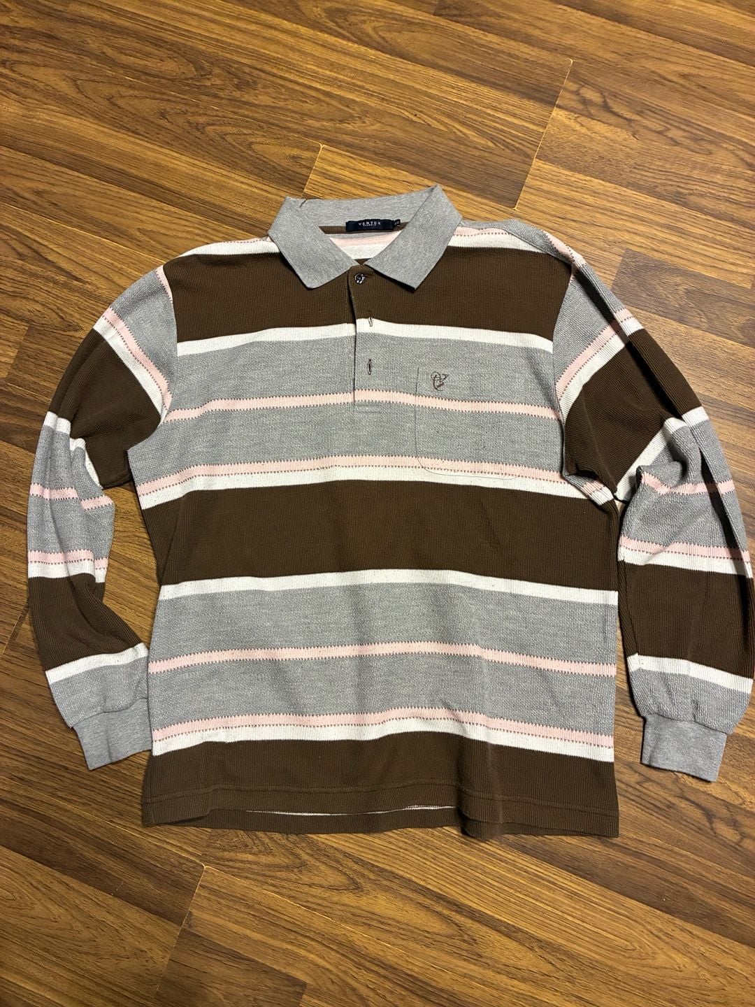 Vertex Classic Men's Brown Gray And Pink Striped Long Sleeve Polo Shirt Size 46